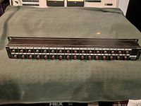 Front view showing 24 RCA jacks with red rings and rack ears