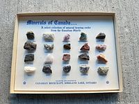 Full view of Minerals of Canada specimen board showing all 18 labeled samples