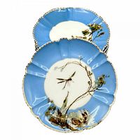 Stack showing sky-blue bordered plates with scalloped edges