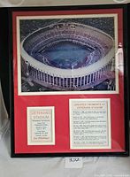 Full view of framed Veterans Stadium photo and plaques