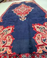 Full length view of navy blue Sarouk runner with red medallion