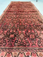 Full length view of muted red Hamadan runner rug