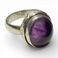 Front view of sterling silver ring with purple cabochon stone