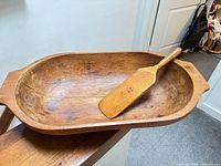 Top view of pine butter bowl and paddle showing size and shape
