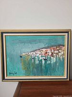 Full view of framed abstract harbor painting