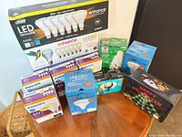 Full view of all boxed LED bulb packs and string light set