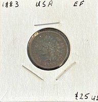 Obverse of 1883 Indian Head cent in holder showing date and EF notation
