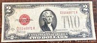 Obverse of 1928 D $2 United States Note showing Jefferson portrait, red seal, serial number