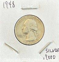 Obverse view of 1948 Washington Quarter in cardboard 2x2 holder