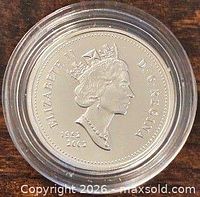 Obverse of 2002 Canadian 5-cent silver proof coin, Queen Elizabeth II portrait, dates 1952-2002
