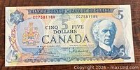 Obverse of 1972 Canadian $5 note showing Laurier portrait and full design