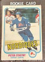 Front of 1981-82 O-Pee-Chee Peter Stastny rookie card showing player in action and card details
