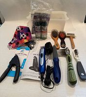 Overview of entire grooming kit laid out on surface