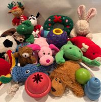 Group shot showing all plush toys and rubber treat toys