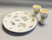 Ridgway Barbecue pattern plate beside two Midwinter Riviera double egg cups