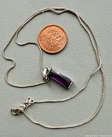 Full view of chain, pendant beside 2008 Canadian penny for scale