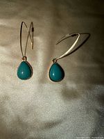 Front view of earrings showing turquoise cabochons and beaded bezel