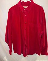 Front view of red corduroy Eddie Bauer shirt