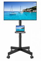 Stock image of assembled black rolling TV stand with TV and laptop showing overall design