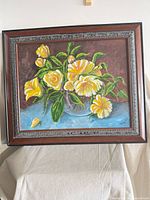 Front view of framed acrylic floral still life painting