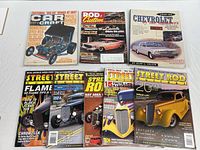 All nine items arranged; top row vintage magazines and book, bottom row six Street Rod Builder issues