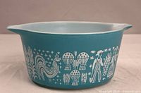 Side view showing turquoise exterior and white Butterprint design