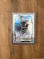 Front of autographed Casey Mize 2019 Bowman Sterling baseball card in plastic holder