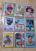 Nine-card binder page with Steve Carlton, Joe Morgan, Ken Boyer, Pedro Guerrero, Senators Rookie Stars, Gary Carter, R.C. Stevens, 1960s league leaders and Chuck Stobbs