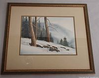 Full view of framed watercolor with double mat and gilt frame