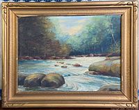 Front view of framed oil on board landscape painting signed Ramsaen