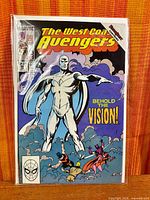 Full front cover of The West Coast Avengers #45 in bag and board