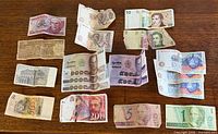 All 15 banknotes laid out on table