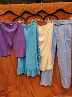 Group shot of all four garments hanging: purple shorts, turquoise skirt, cream slip, light blue trousers