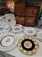 Group shot of all eight decorative plates on countertop