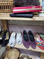 Shelf with four pairs: black patent pumps, off-white peep-toe wedges, plum suede pumps, rainbow strappy sandals