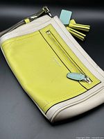 Front view showing chartreuse panel, cream border, front zip pocket, tassel strap