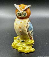 Full view of enamel owl trinket box showing colours, rhinestone eyes and hinged design