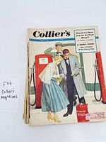 Stack of Collier’s magazines, top issue May 7 1954 gas-station illustration
