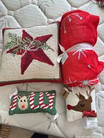 Group shot of all items: three pillows and rolled red fleece throw