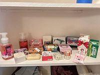 Full shelf view of all soaps and hand soaps