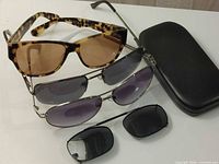 All four pairs of sunglasses stacked with black case beside