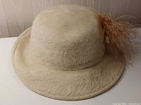 Overall view of vintage beige felt hat with feather accent