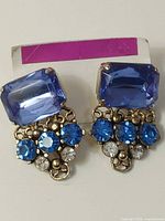 Front view of both earrings showing blue glass stones, rhinestone clusters and metal setting
