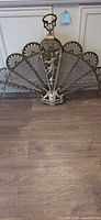 Entire brass peacock fireplace fan folded open against wall