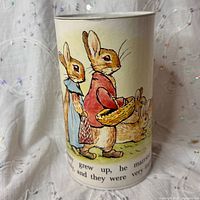 Front view of Benjamin Bunny ceramic coin bank showing illustrated rabbits