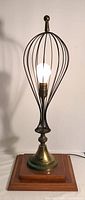 Full view of lit brass wire cage desk lamp on wood base