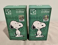 Front view of two sealed green Snoopy blind boxes
