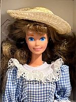 Close-up of Barbie face, hair, hat, dress details