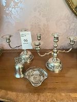 All four pieces: pair 3-arm candelabra, sterling bell, pierced ashtray
