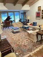 Full view of rug in living room showing overall pattern and size